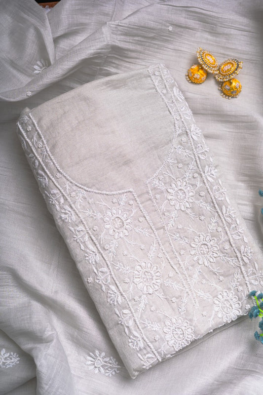 Frost Dahlia & Pearl – Handcrafted Chikankari & Seed Pearl Tissue Ensemble