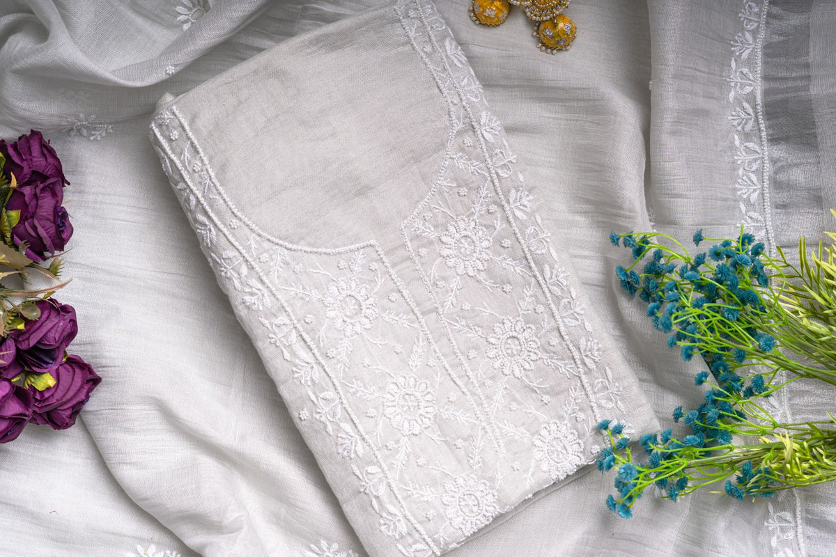 Frost Dahlia & Pearl – Handcrafted Chikankari & Seed Pearl Tissue Ensemble