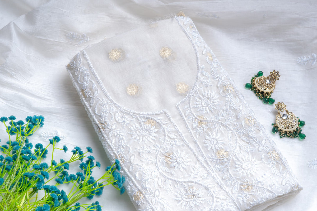 Gilded White Peony – Jacquard Chanderi Chikankari & Pearl Tunic Set