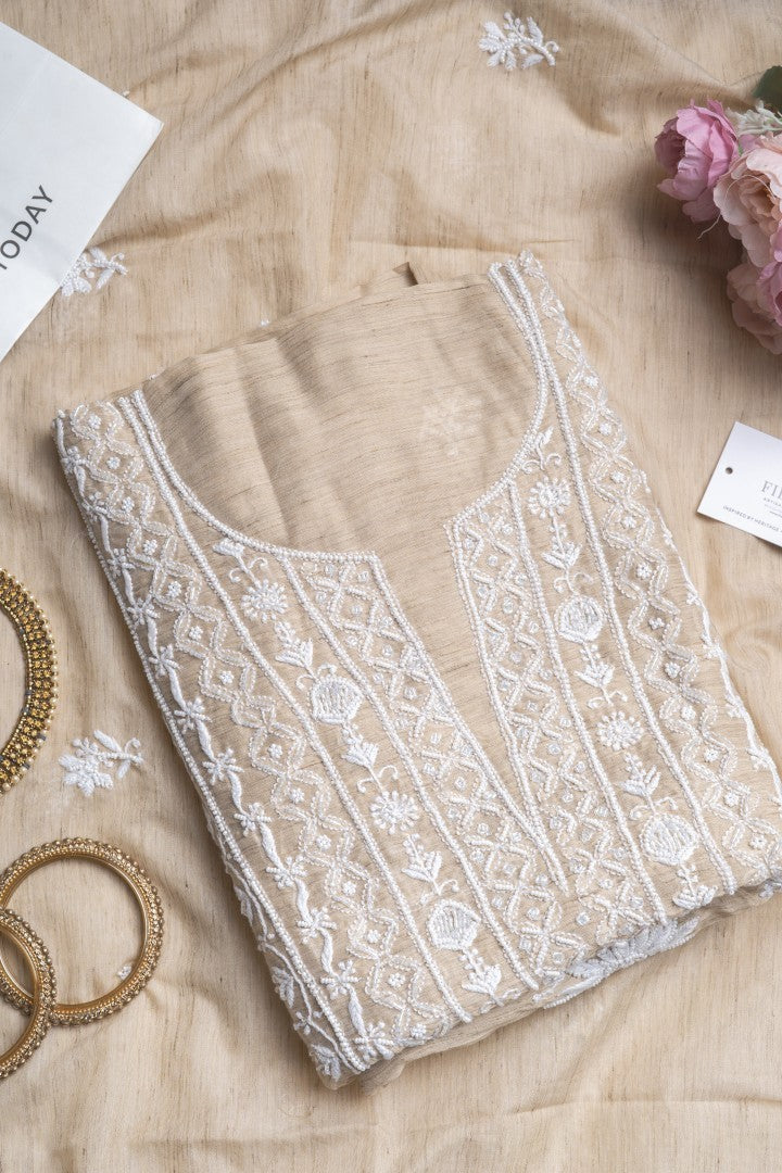 Beige Dahlia & Pearl – Handcrafted Mal Chanderi Chikankari & Pearl Kurta Set