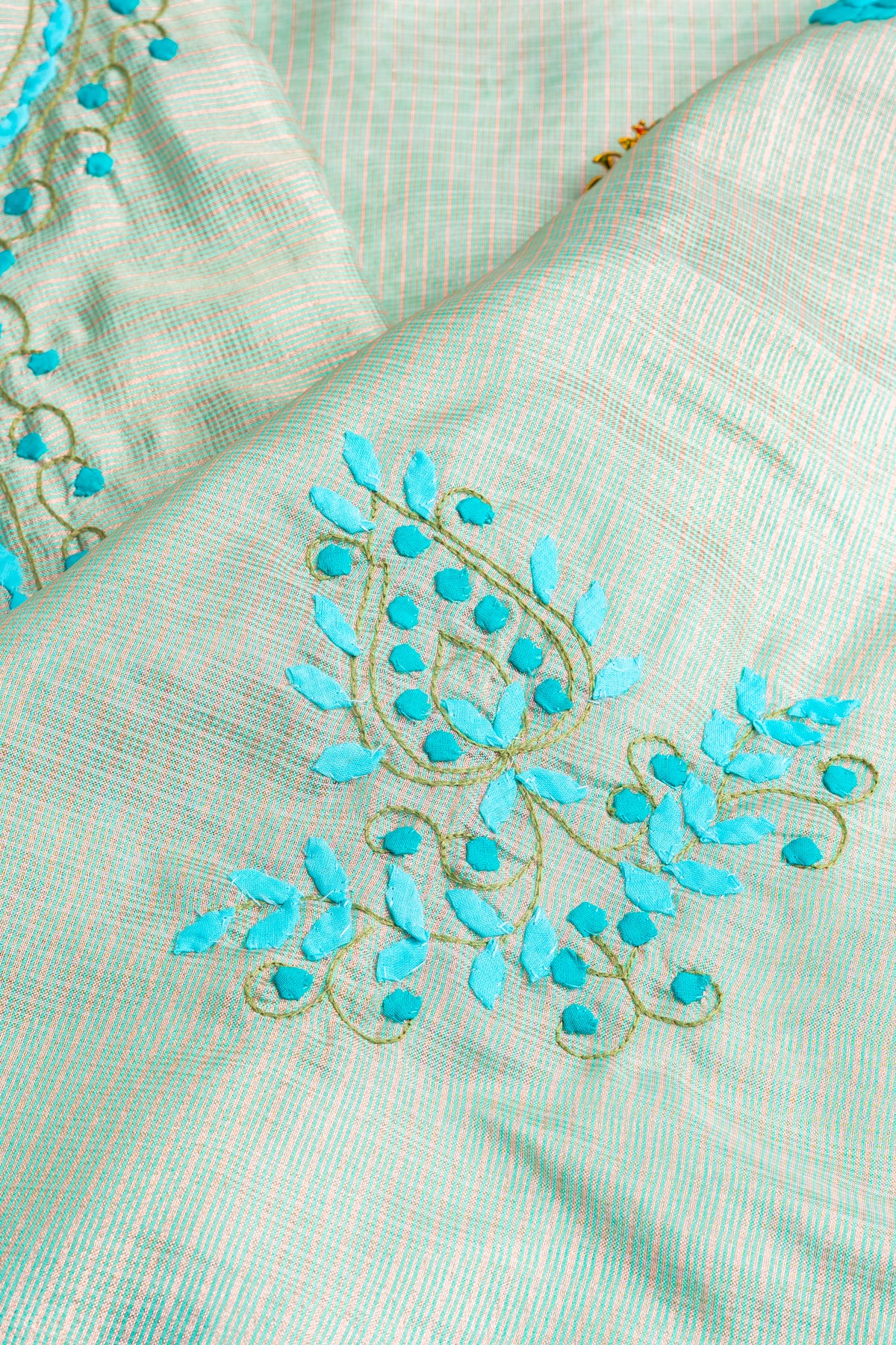 Mint Camellia – Gilded Check & Cerulean Applique Unstitched Ensemble