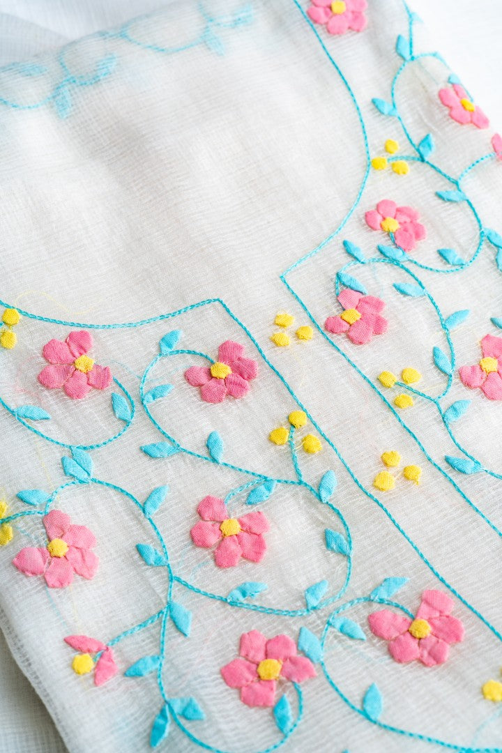 Alabaster Primrose – Multicolor Floral Applique Unstitched Kurta & Scarf Set