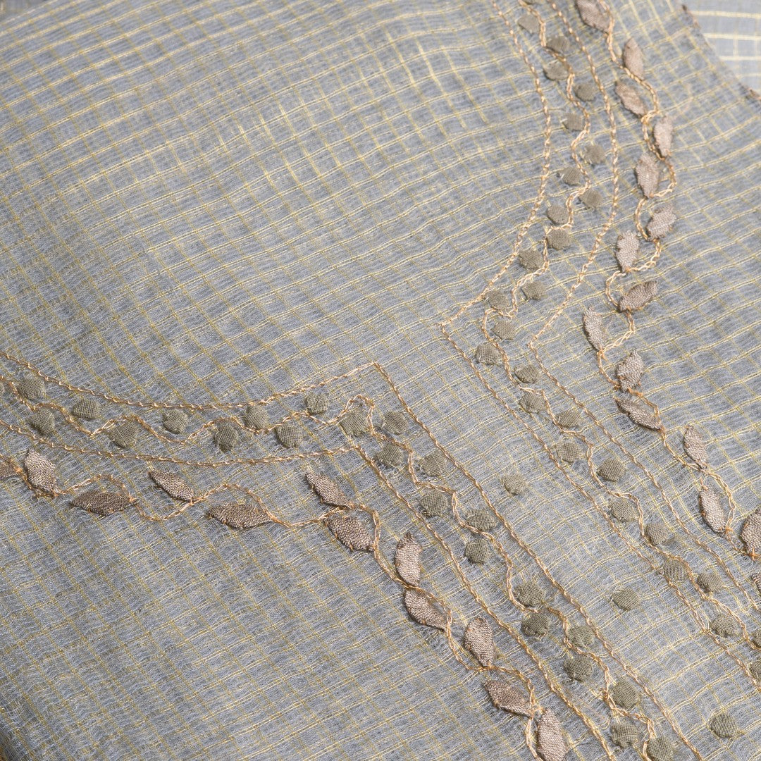 Silver Willow – Metallic Sage & Zari Applique Kota Tissue Ensemble