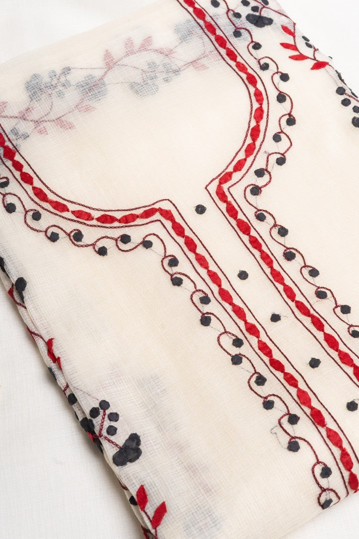 Crimson Anemone – Handcrafted Dual-Appliqué Off-White Tunic & Scarf Set