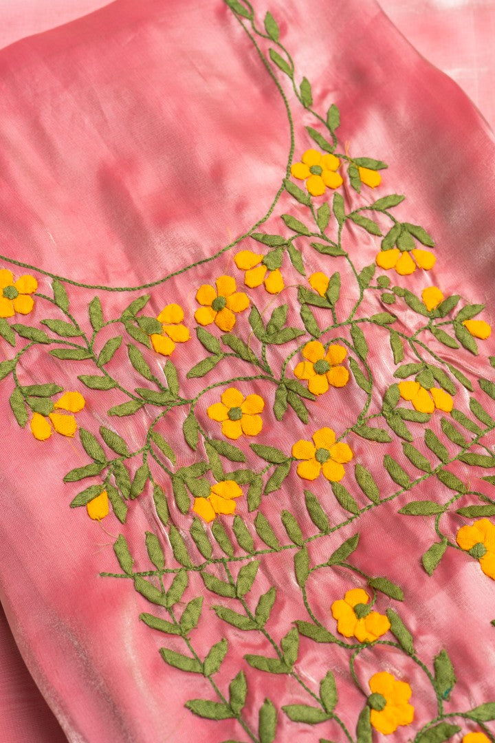 Primrose Coral – Hand-Appliquéd Marigold Flora Silk-Lustre Tunic & Scarf Set