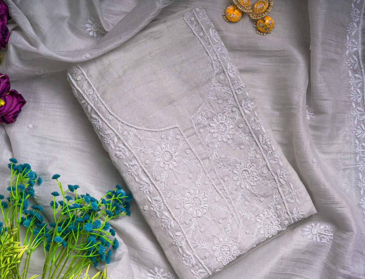 Frost Dahlia & Pearl – Handcrafted Chikankari & Seed Pearl Tissue Ensemble