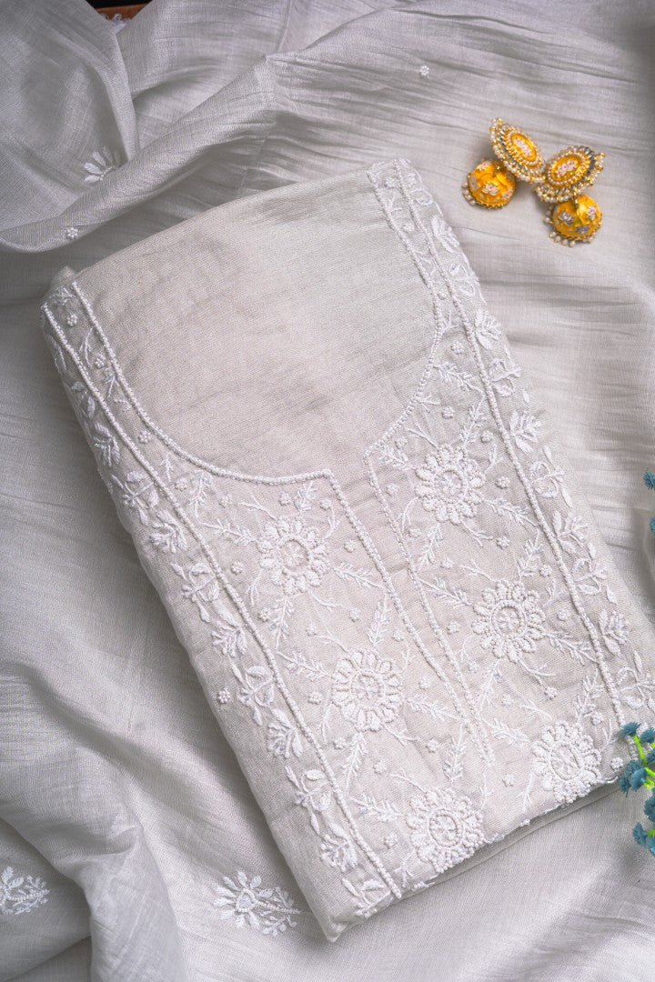 Frost Dahlia & Pearl – Handcrafted Chikankari & Seed Pearl Tissue Ensemble