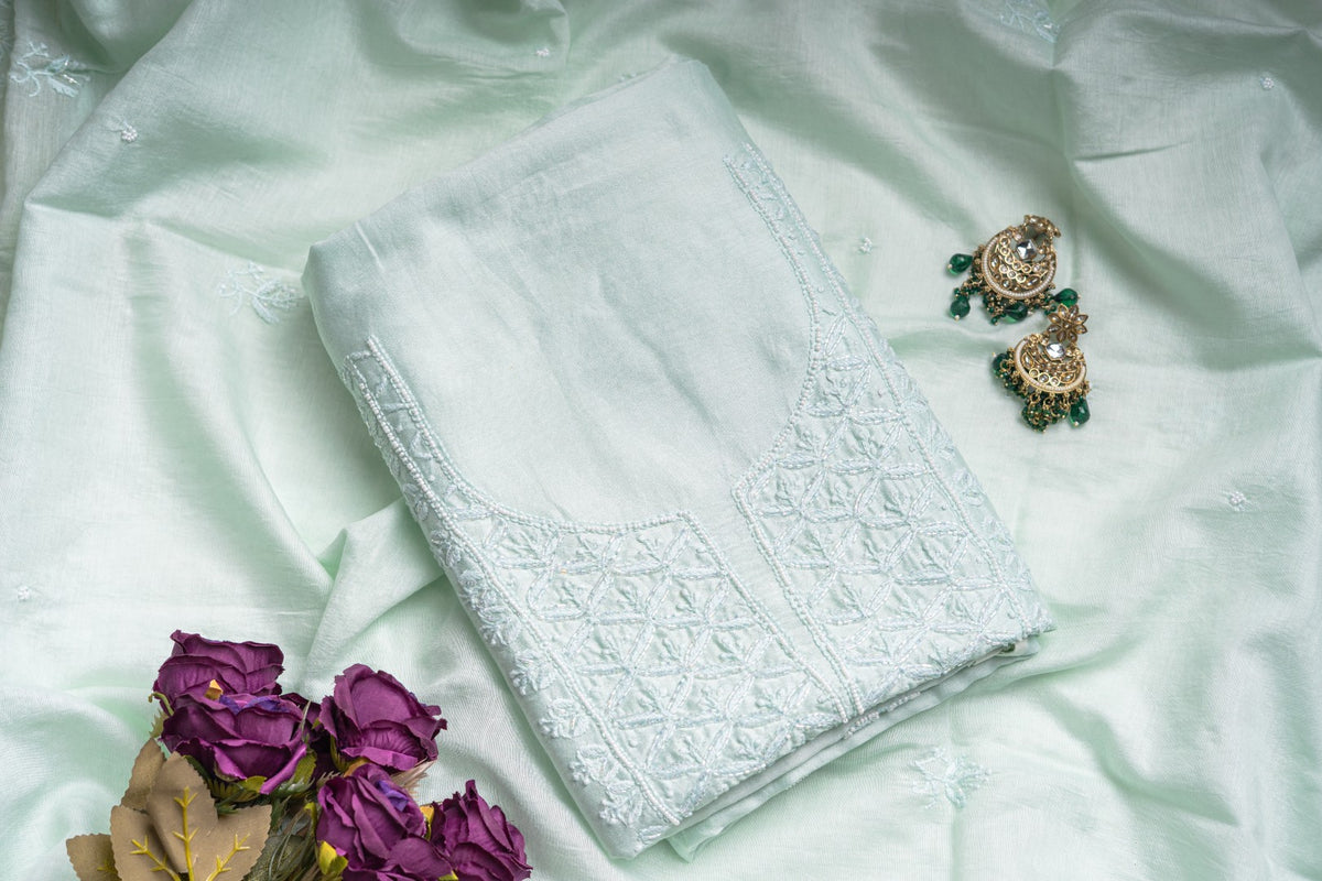 Mint Peony & Pearl – Handcrafted Lucknowi Chikankari & Pearl Kurta Set