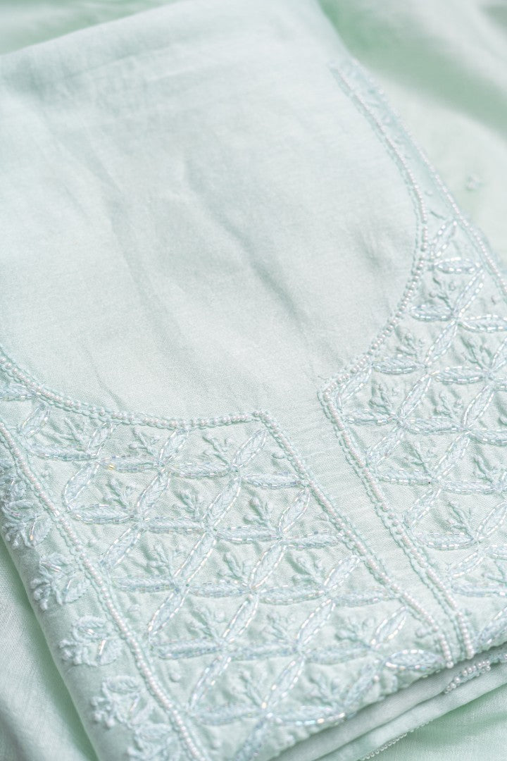 Mint Peony & Pearl – Handcrafted Lucknowi Chikankari & Pearl Kurta Set