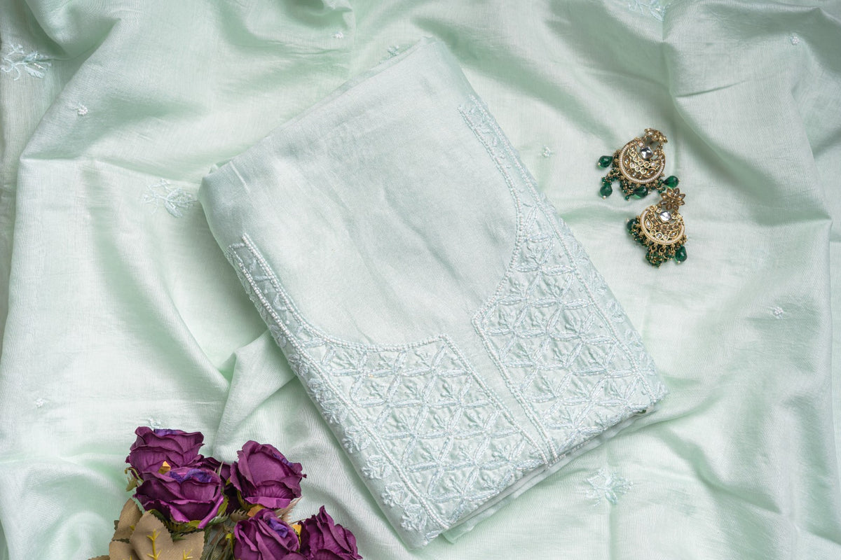 Mint Peony & Pearl – Handcrafted Lucknowi Chikankari & Pearl Kurta Set