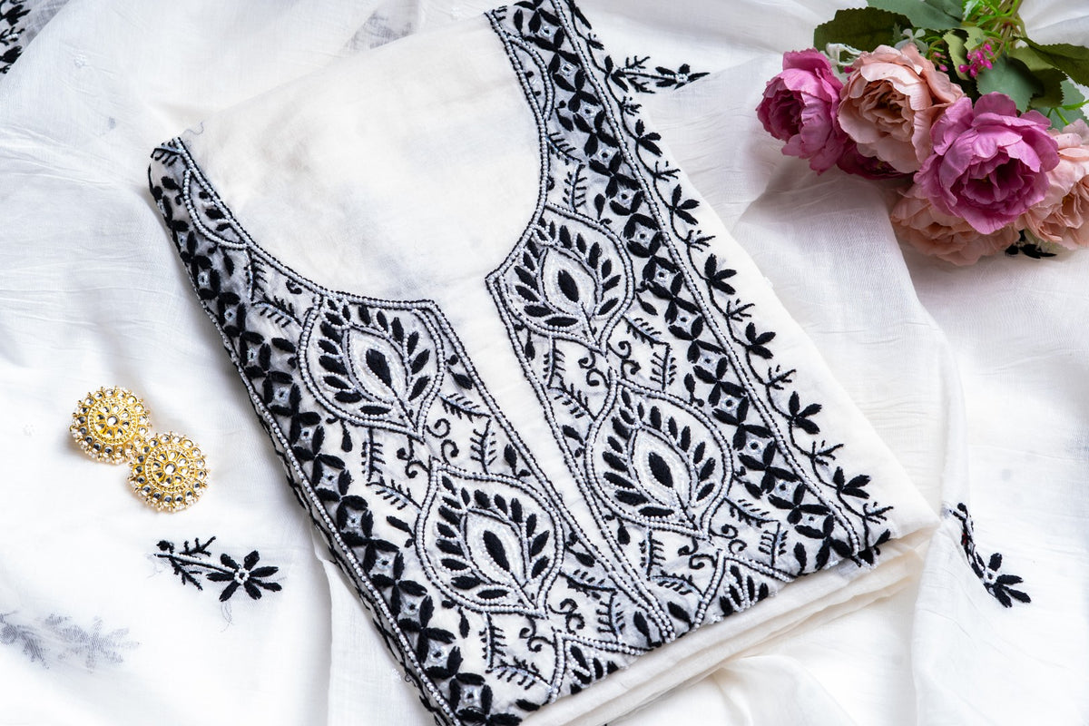 Monochrome Dahlia & Pearl – Handcrafted Chikankari & Seed Pearl Kurta Set