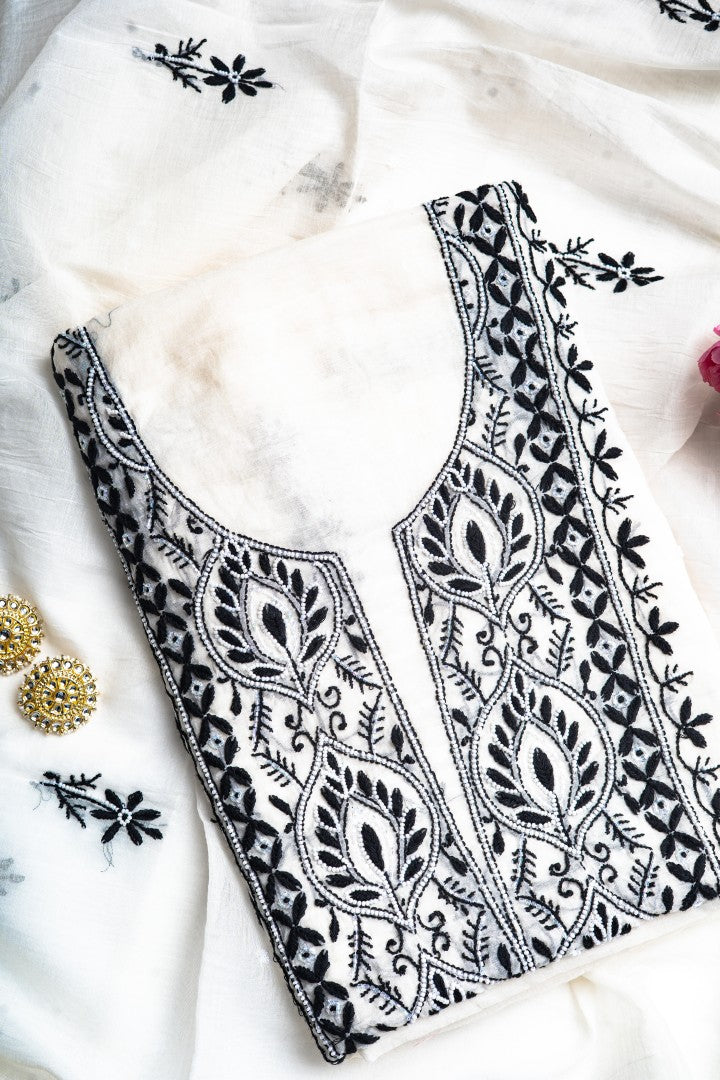 Monochrome Dahlia & Pearl – Handcrafted Chikankari & Seed Pearl Kurta Set
