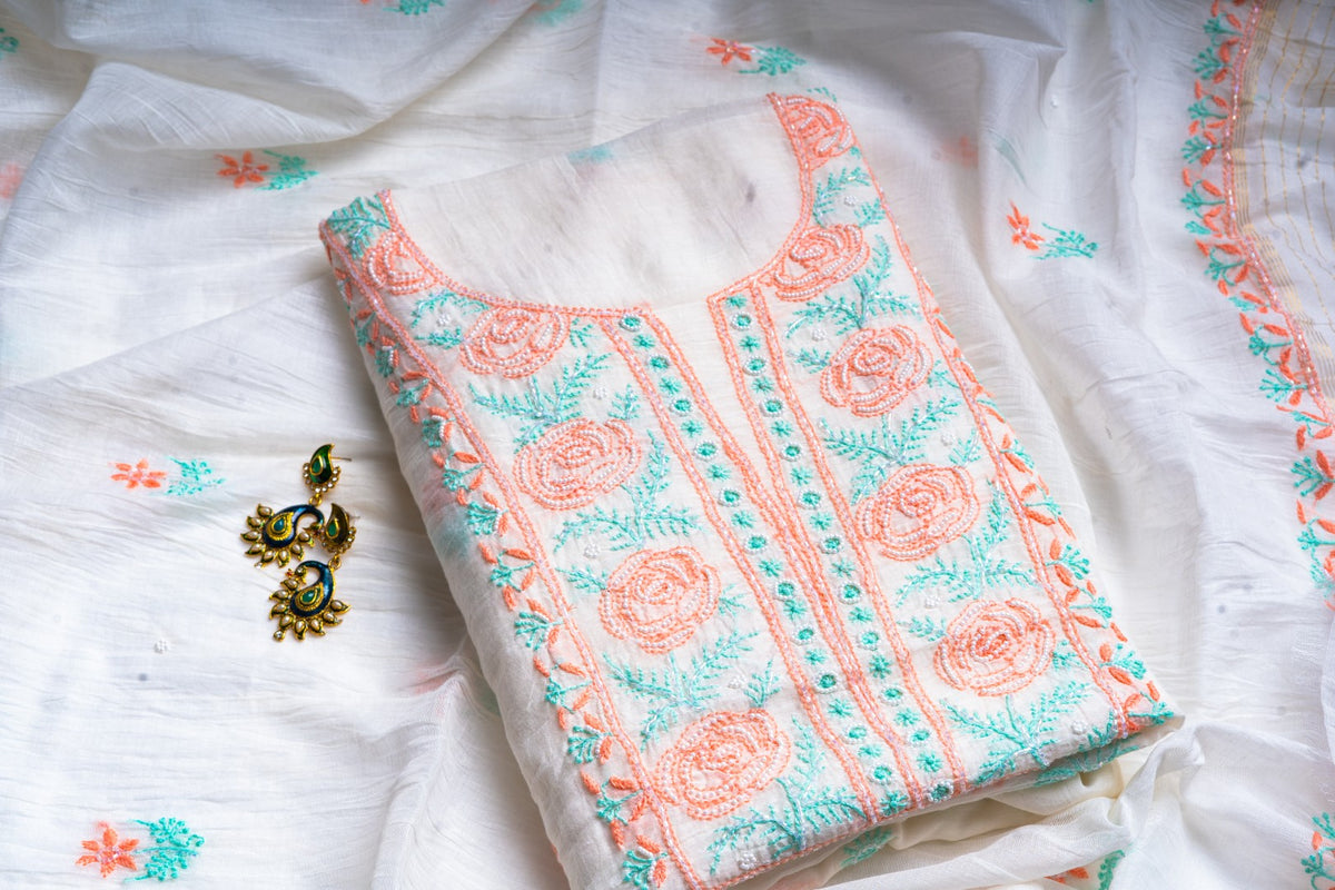Coral Rose & Mint Pearl – Handcrafted Chikankari & Beaded Kurta Set