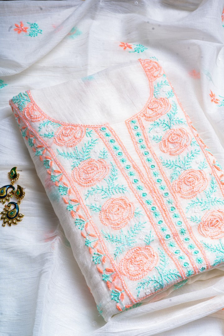 Coral Rose & Mint Pearl – Handcrafted Chikankari & Beaded Kurta Set