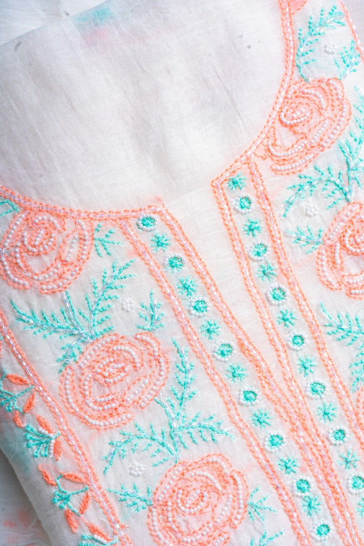Coral Rose & Mint Pearl – Handcrafted Chikankari & Beaded Kurta Set