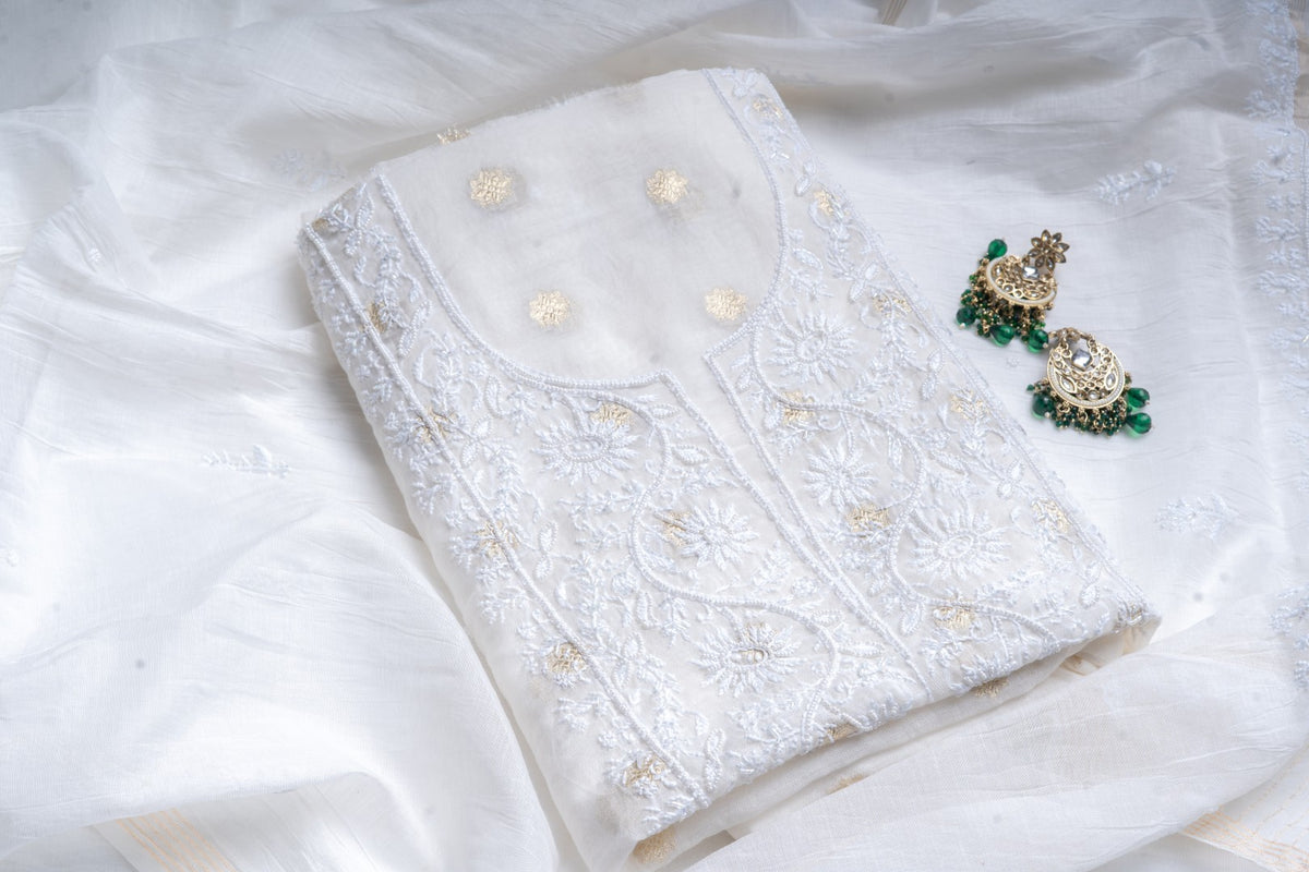 Gilded White Peony – Jacquard Chanderi Chikankari & Pearl Tunic Set