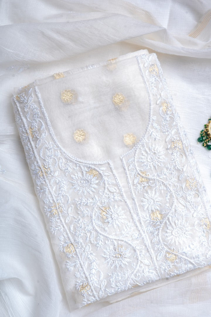 Gilded White Peony – Jacquard Chanderi Chikankari & Pearl Tunic Set