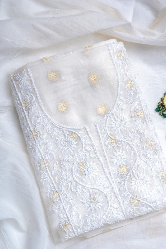 Gilded White Peony – Jacquard Chanderi Chikankari & Pearl Tunic Set