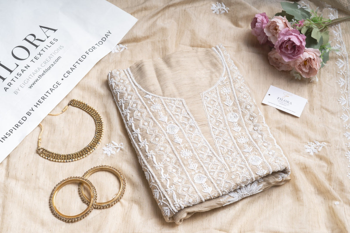 Beige Dahlia & Pearl – Handcrafted Mal Chanderi Chikankari & Pearl Kurta Set