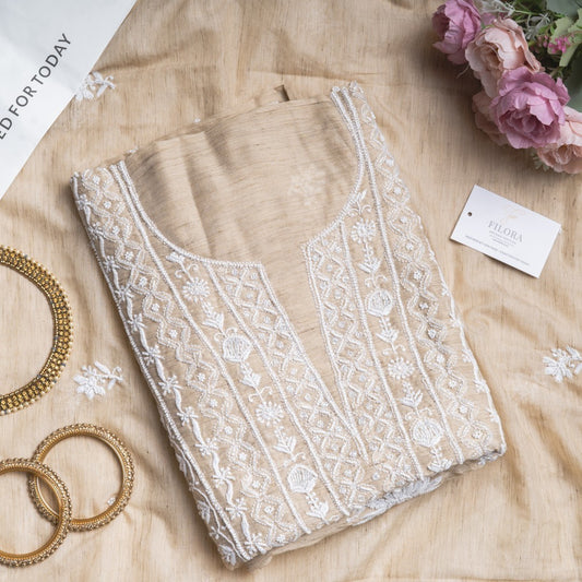 Beige Dahlia & Pearl – Handcrafted Mal Chanderi Chikankari & Pearl Kurta Set