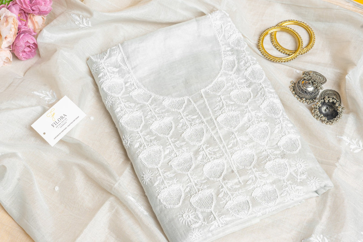 Frost Lily & Pearl – Handcrafted Chikankari & Cut-Bead Tissue Kurta Set