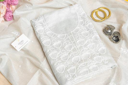 Frost Lily & Pearl – Handcrafted Chikankari & Cut-Bead Tissue Kurta Set
