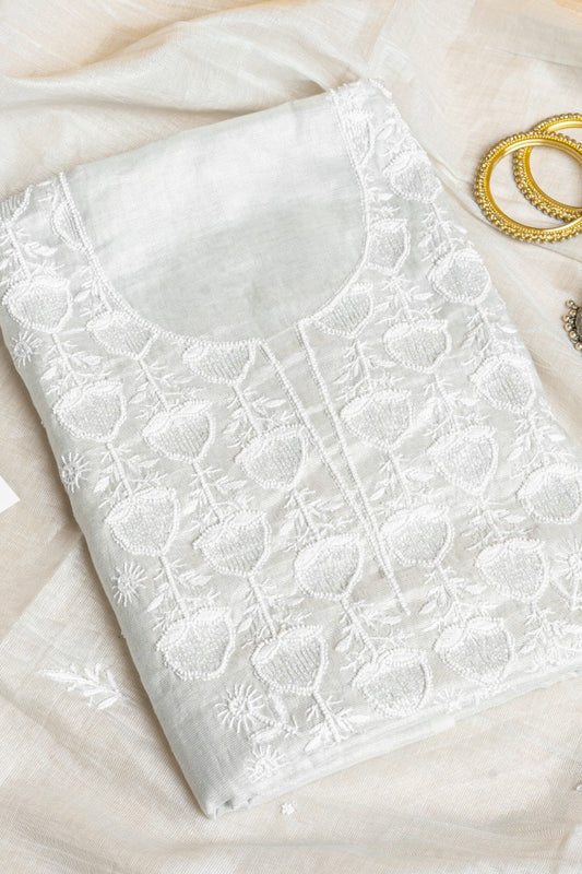 Frost Lily & Pearl – Handcrafted Chikankari & Cut-Bead Tissue Kurta Set