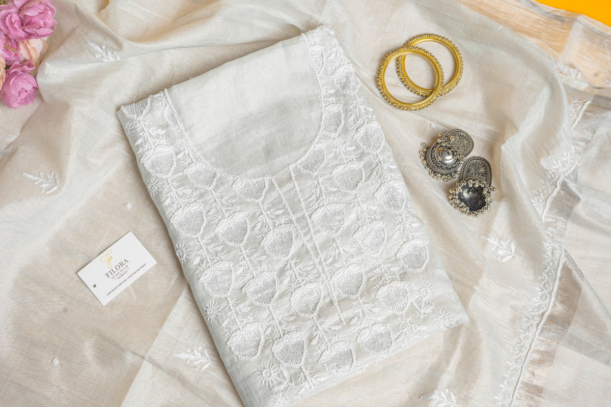 Frost Lily & Pearl – Handcrafted Chikankari & Cut-Bead Tissue Kurta Set