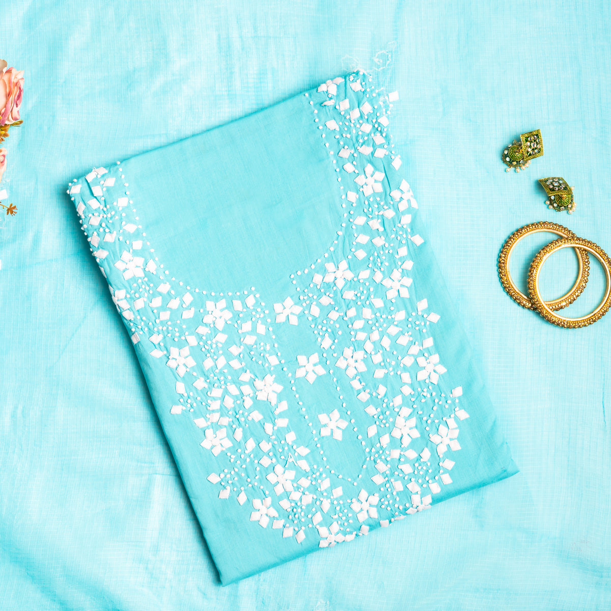 Cerulean Flora – Hand-Stitched Fabric Cutwork Tunic & Dupatta Set