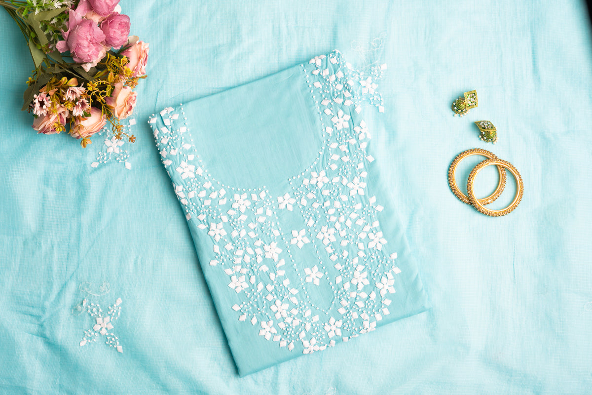 Cerulean Flora – Hand-Stitched Fabric Cutwork Tunic & Dupatta Set