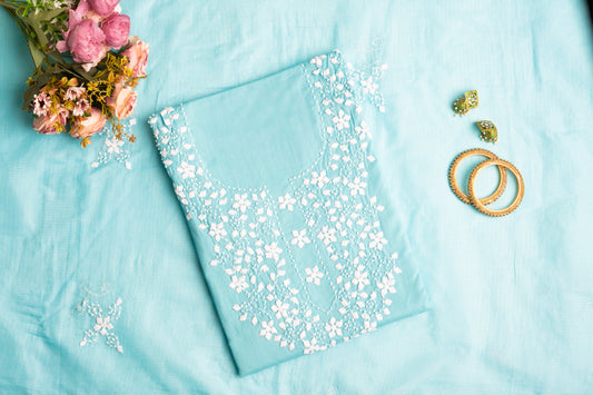 Cerulean Flora – Hand-Stitched Fabric Cutwork Tunic & Dupatta Set