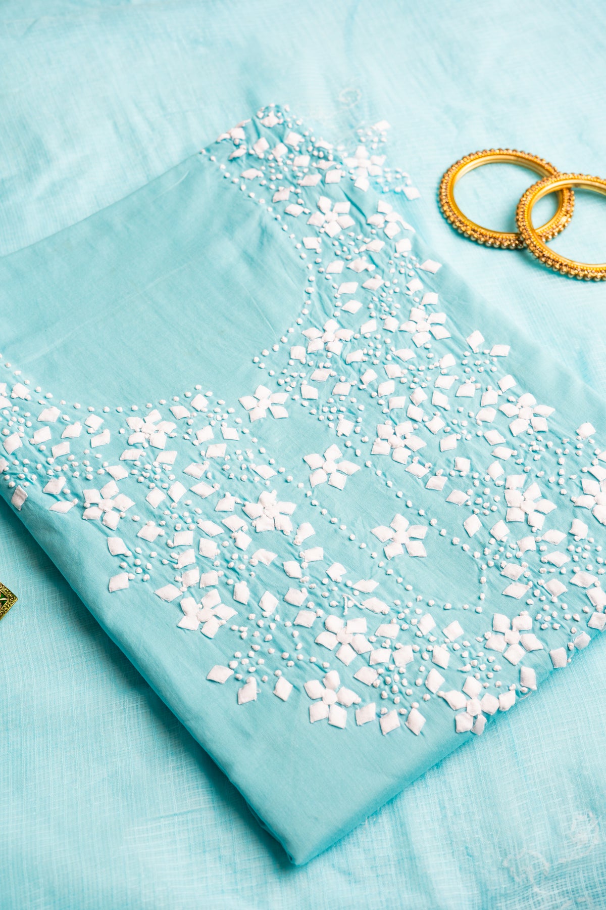 Cerulean Flora – Hand-Stitched Fabric Cutwork Tunic & Dupatta Set
