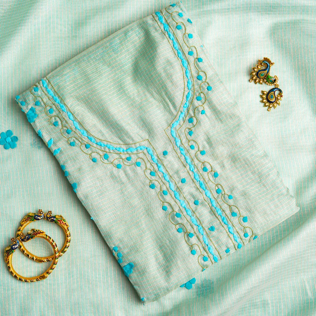 Mint Camellia – Gilded Check & Cerulean Applique Unstitched Ensemble