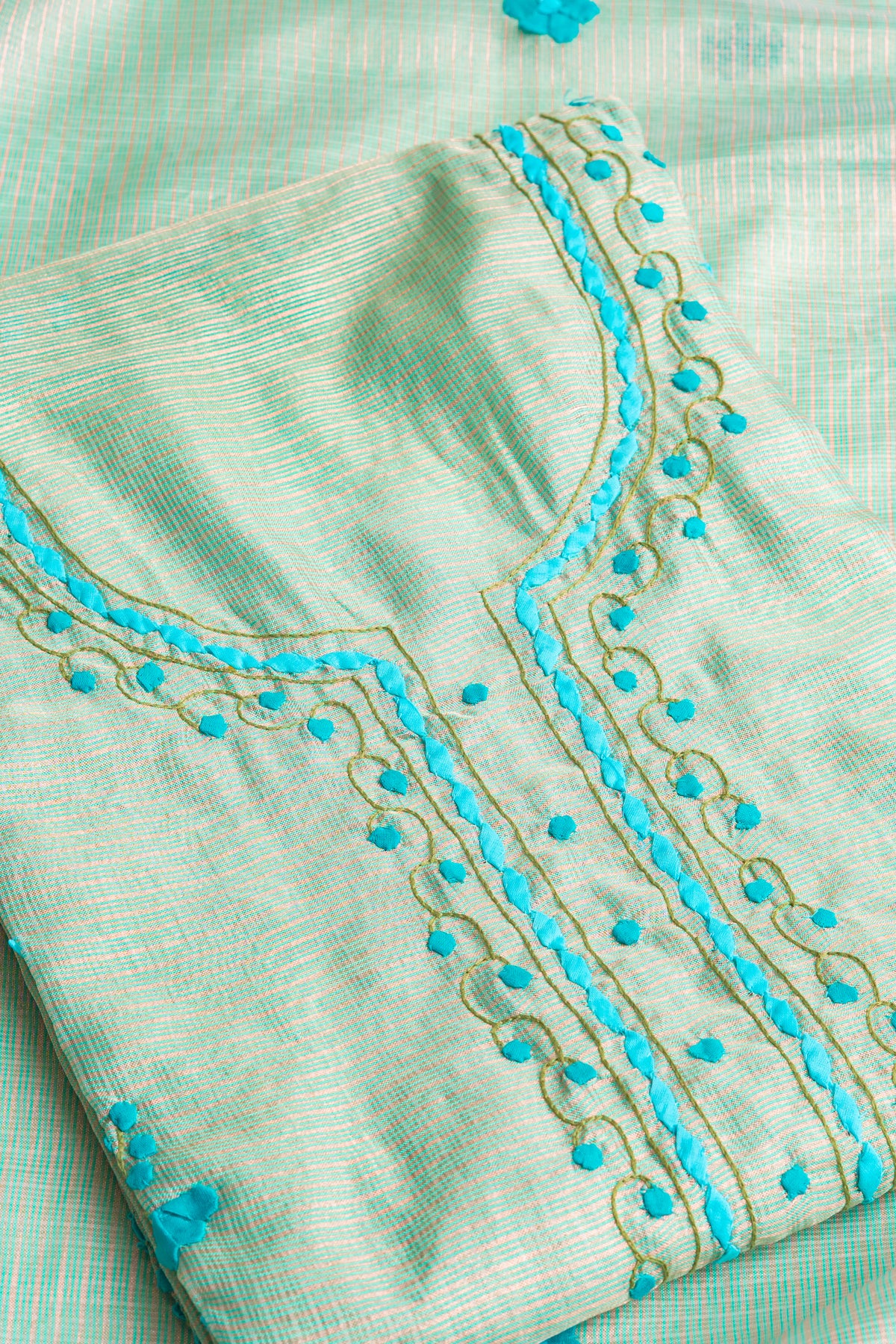 Mint Camellia – Gilded Check & Cerulean Applique Unstitched Ensemble