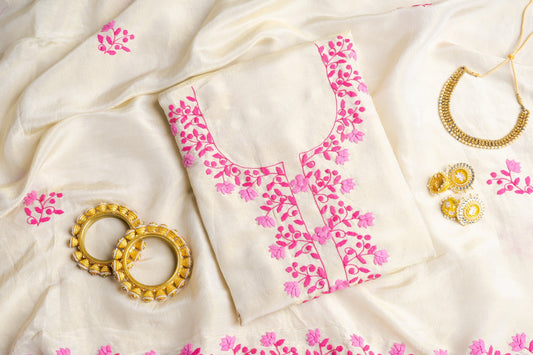 Rose Peony & Cream – Dual-Toned Pink Appliqué Tunic & Scarf Set