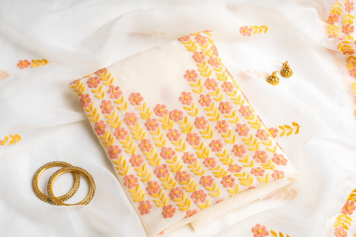 Peach Blossom & Marigold – Hand-Appliquéd Floral Vine Tunic & Scarf Set