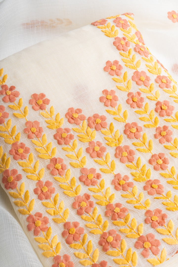 Peach Blossom & Marigold – Hand-Appliquéd Floral Vine Tunic & Scarf Set