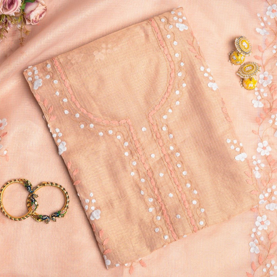 Gilded Marigold – Vertical Floral Appliqué Royal Gold Tunic & Scarf Ensemble