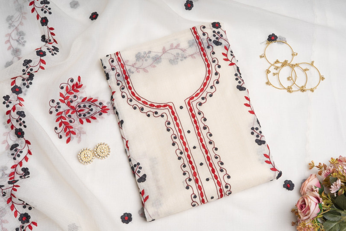 Crimson Anemone – Handcrafted Dual-Appliqué Off-White Tunic & Scarf Set