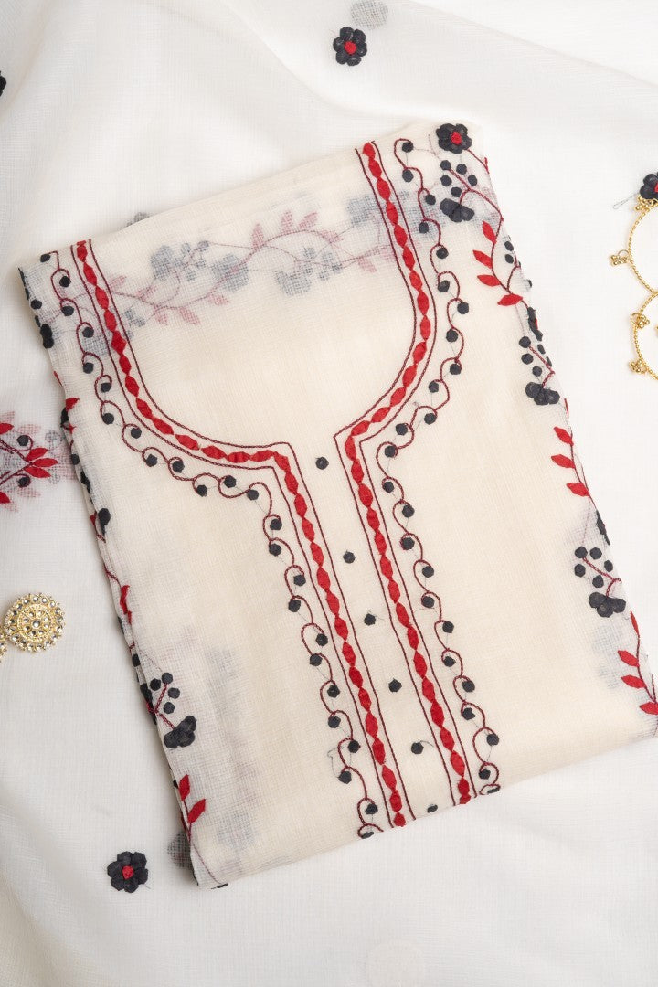 Crimson Anemone – Handcrafted Dual-Appliqué Off-White Tunic & Scarf Set