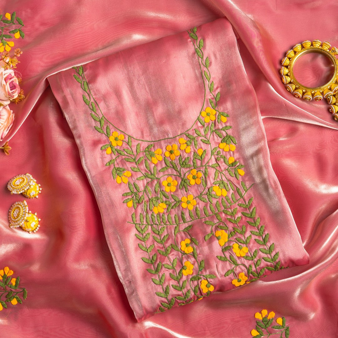 Primrose Coral – Hand-Appliquéd Marigold Flora Silk-Lustre Tunic & Scarf Set