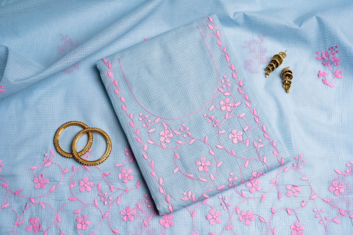Smokey Cornflower & Rose – Hand-Appliquéd Petal & Vine Kota Ensemble