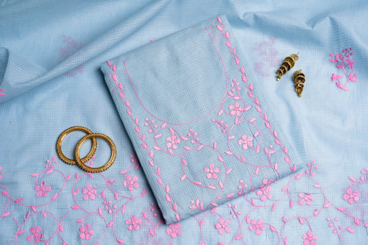 Smokey Cornflower & Rose – Hand-Appliquéd Petal & Vine Kota Ensemble
