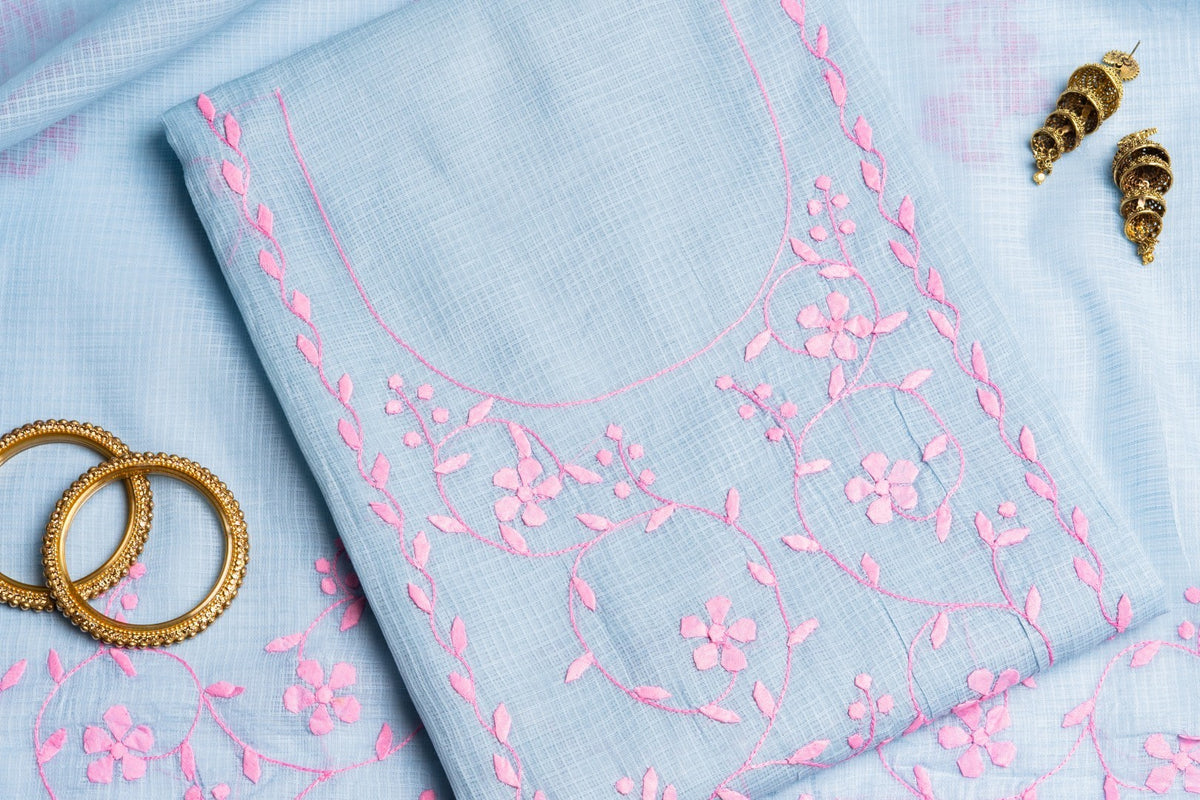 Smokey Cornflower & Rose – Hand-Appliquéd Petal & Vine Kota Ensemble
