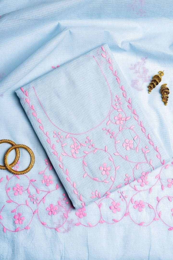 Smokey Cornflower & Rose – Hand-Appliquéd Petal & Vine Kota Ensemble