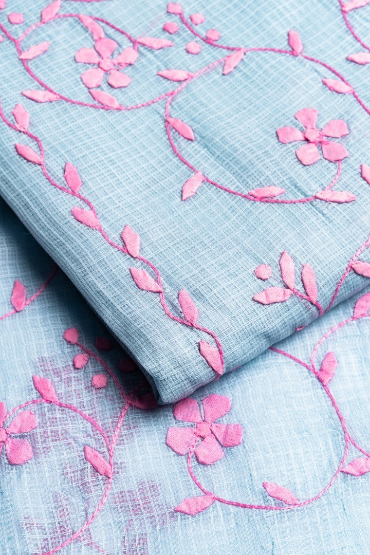 Smokey Cornflower & Rose – Hand-Appliquéd Petal & Vine Kota Ensemble